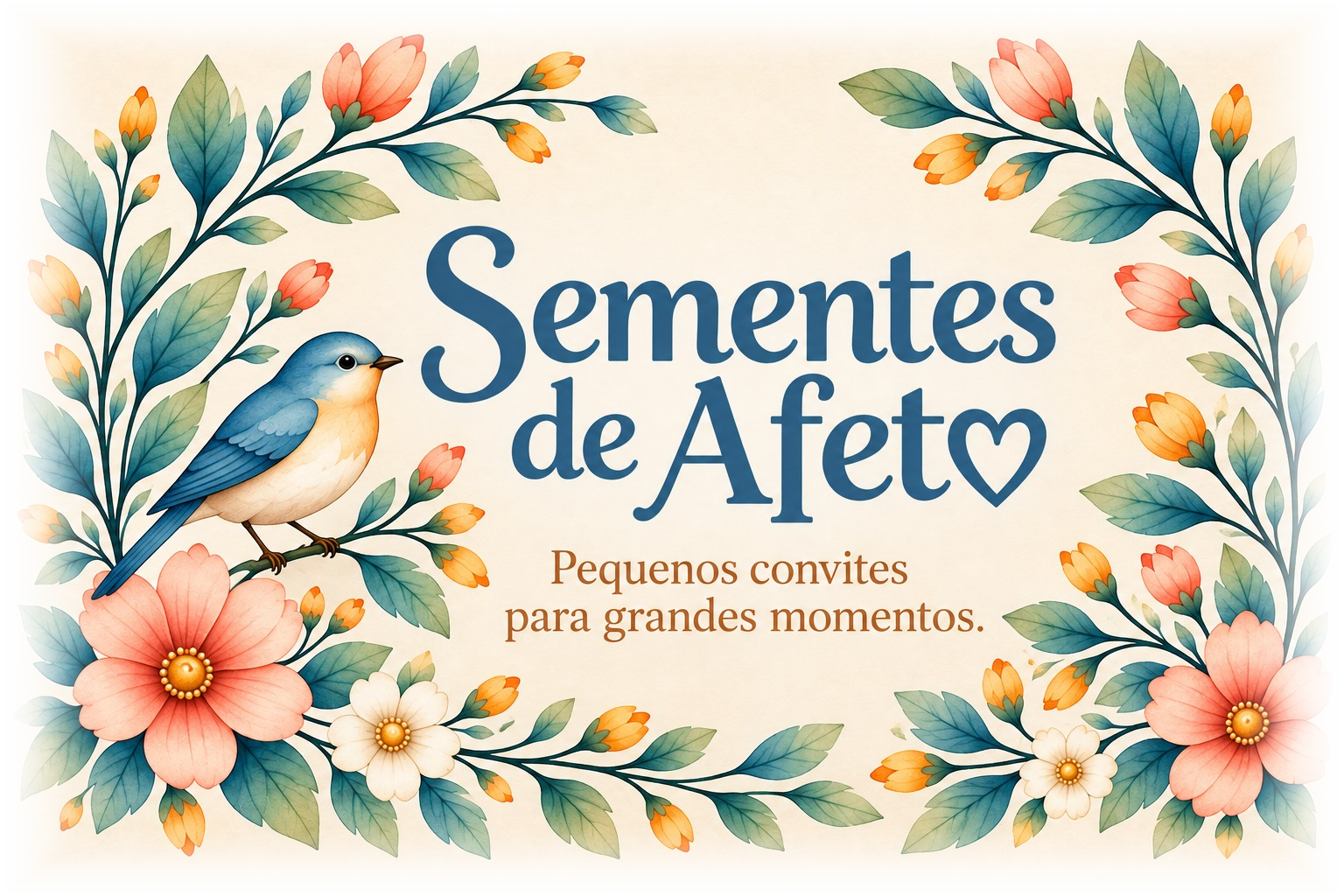 Sementes de Afeto — Pequenos convites para Grandes Momentos, com passarinho e flores